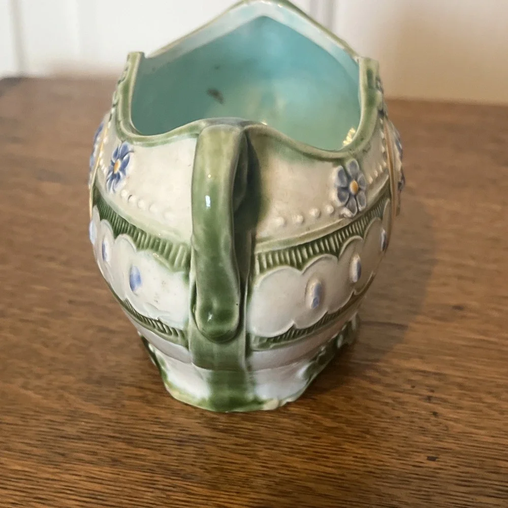 Antique Green/Lavender Majolica Art Nouveau Jardinière Floral 6” x 3” ~Hairline